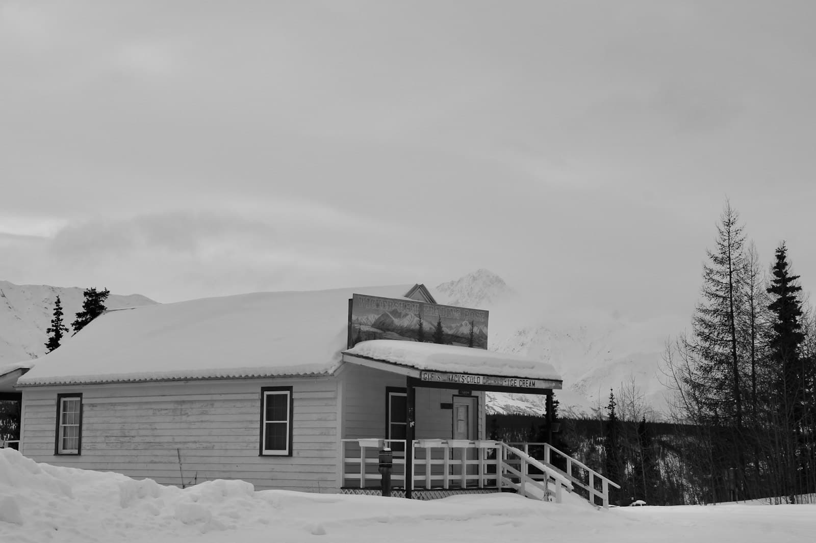 Alpine — grayscale photo of house near trees