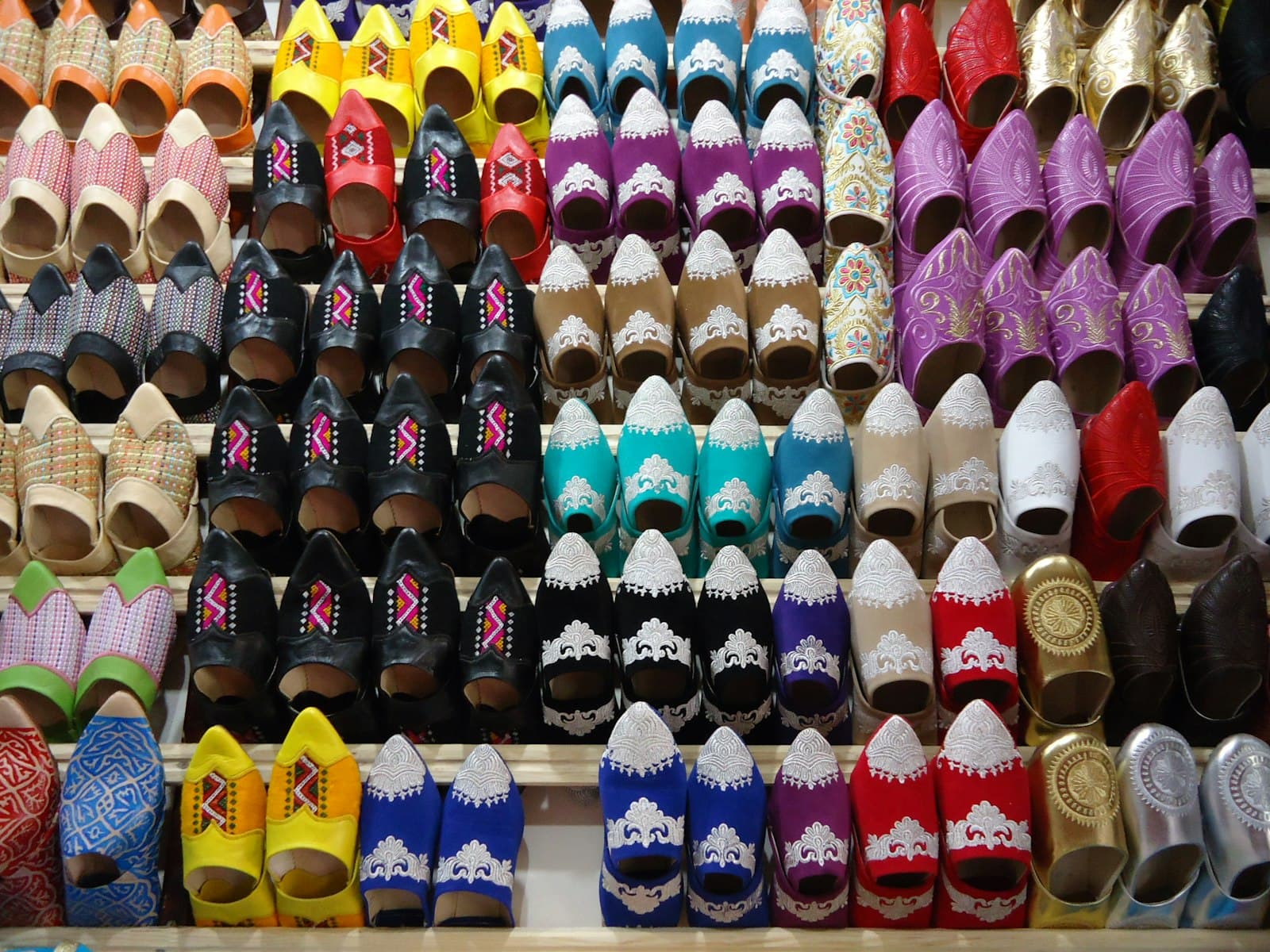 Azrou — many pairs of shoes are on display in a store