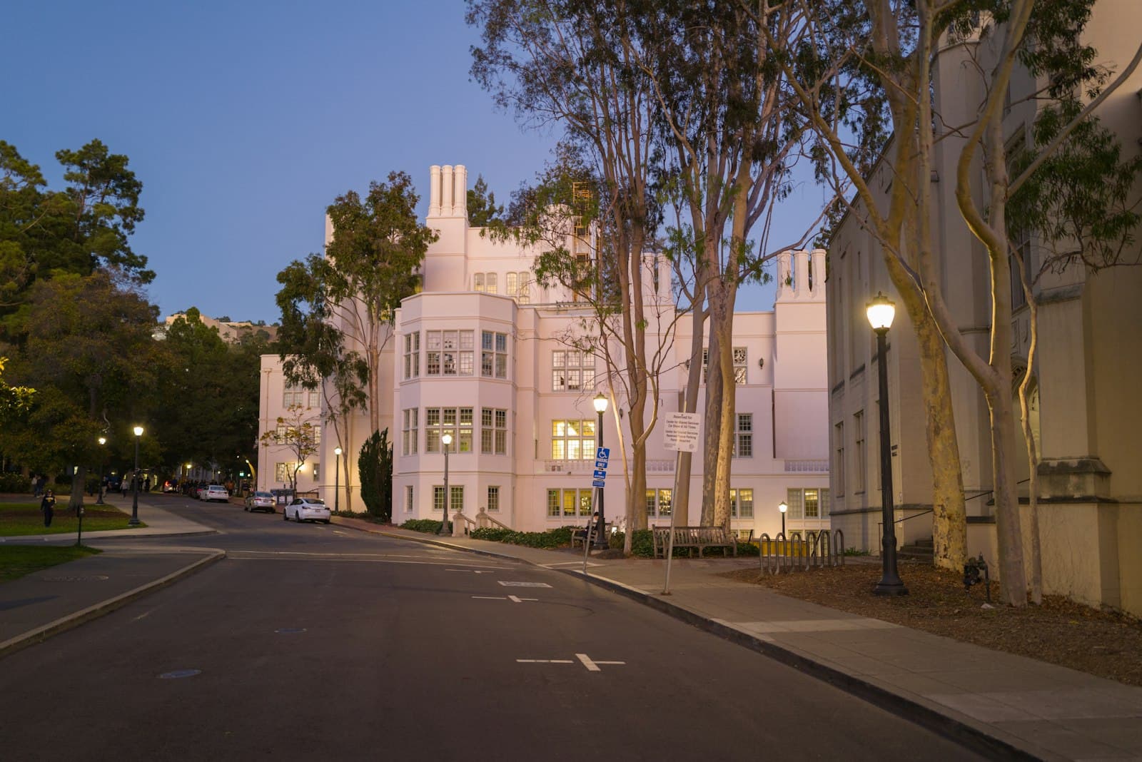 Berkeley — a street lined with tall white buildings and trees