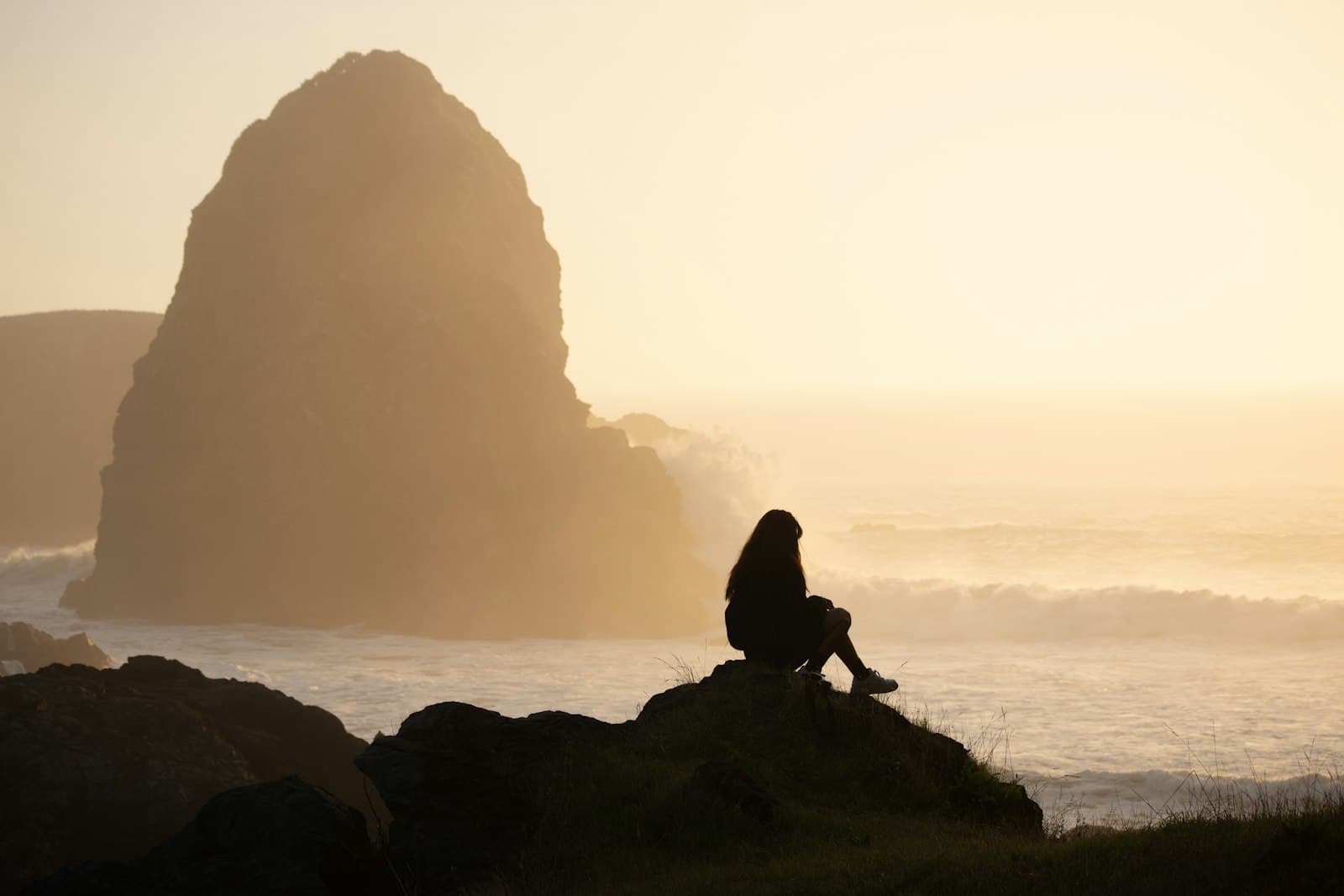 Brookings — a person sitting on top of a rock near the ocean