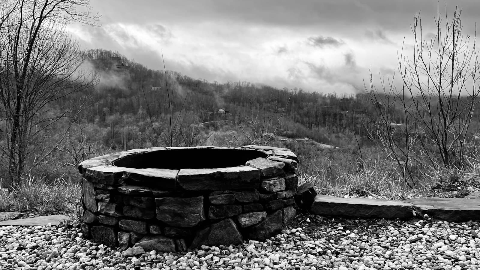 Bryson City — a black and white photo of a fire pit