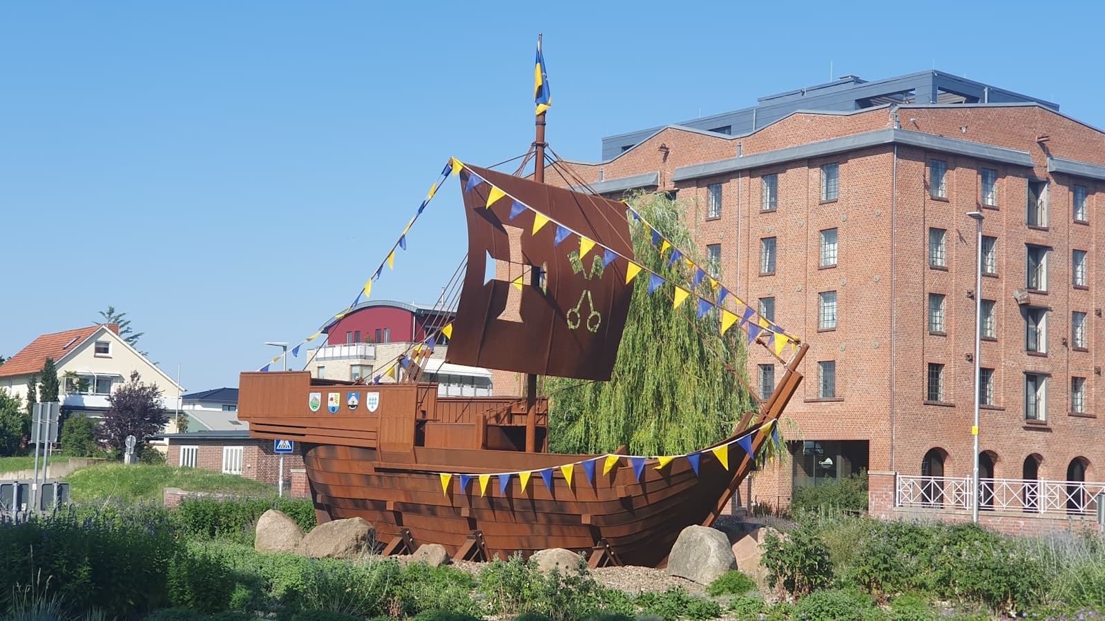 Buxtehude — a replica of a pirate ship in front of a building
