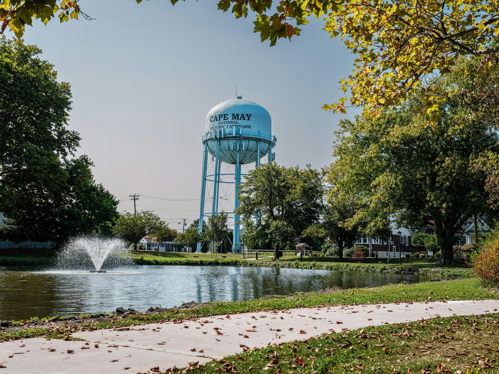 Cape May — A water tower in the distance with a fountain in the foreground