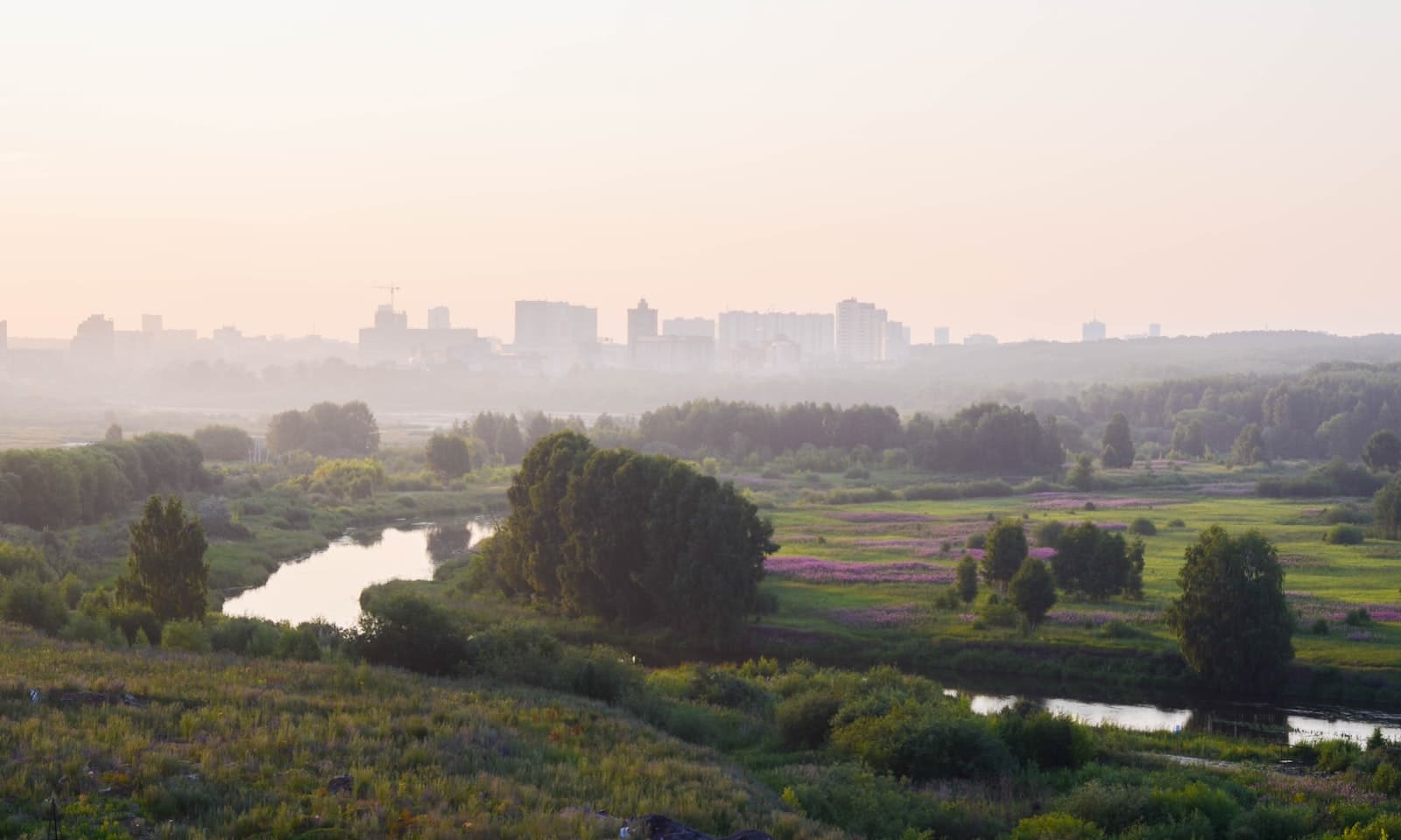 Chelyabinsk — a landscape with trees and a body of water with buildings in the background
