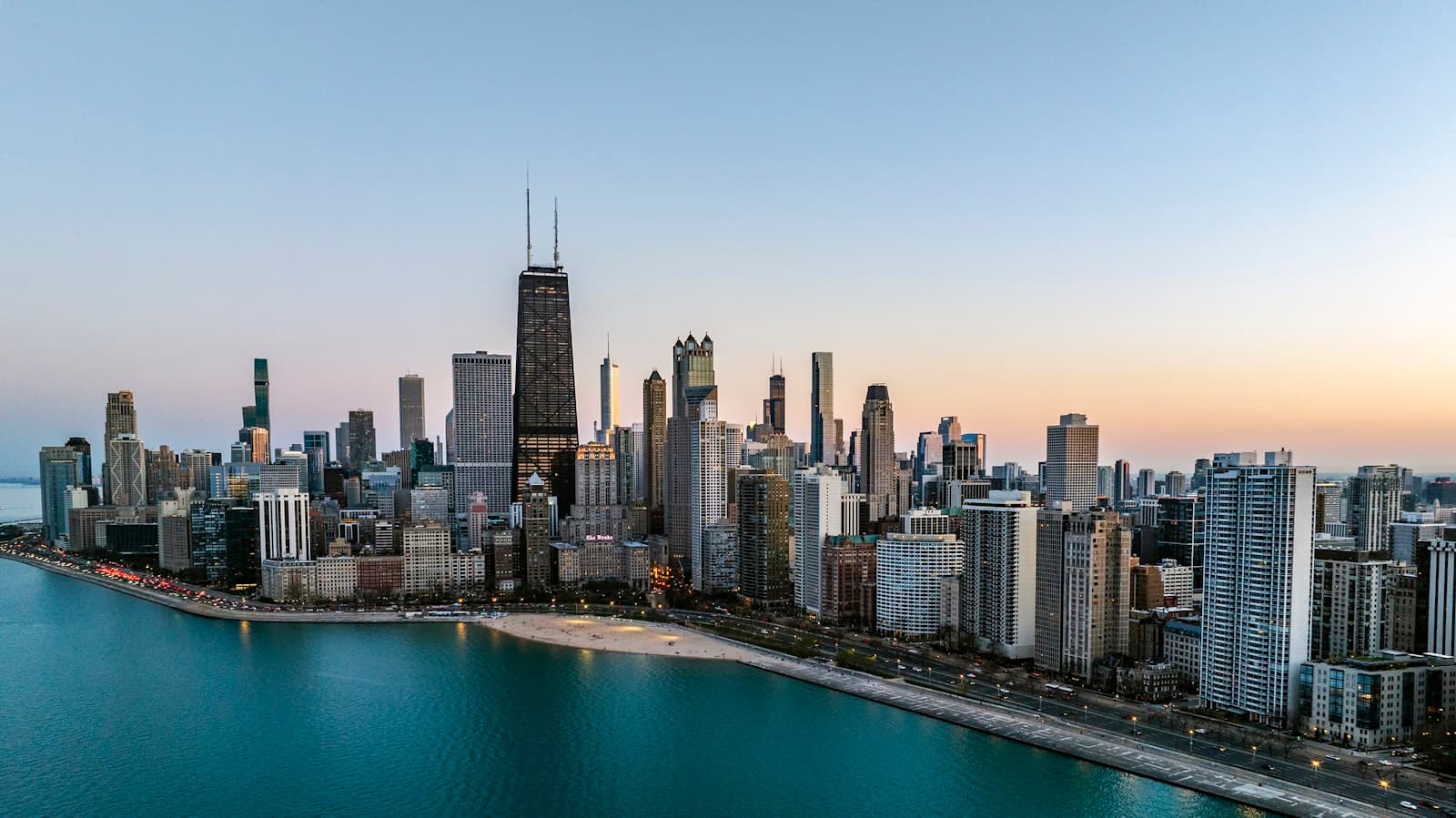Chicago — an aerial view of a large city next to a body of water