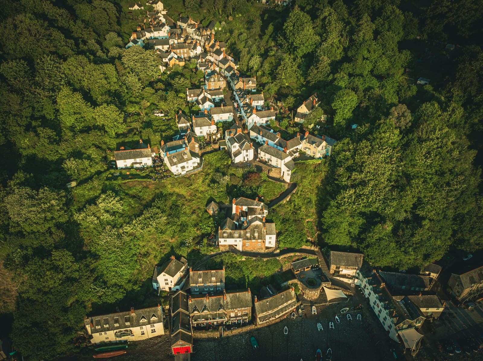 Clovelly — an aerial view of a village surrounded by trees