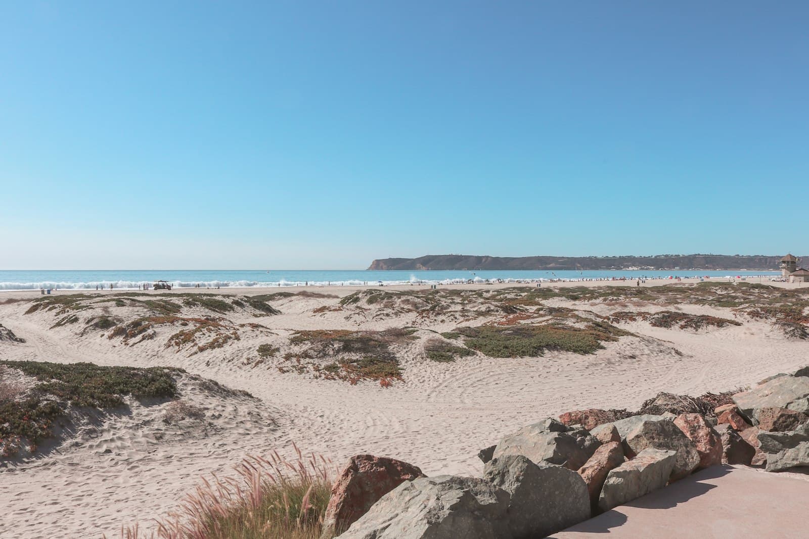Coronado — a sandy beach with rocks and grass on it