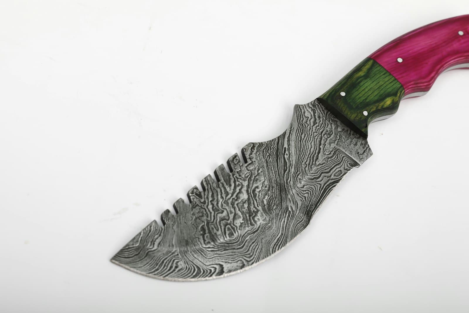Damascus — A decorative knife with a patterned blade and colorful handle.