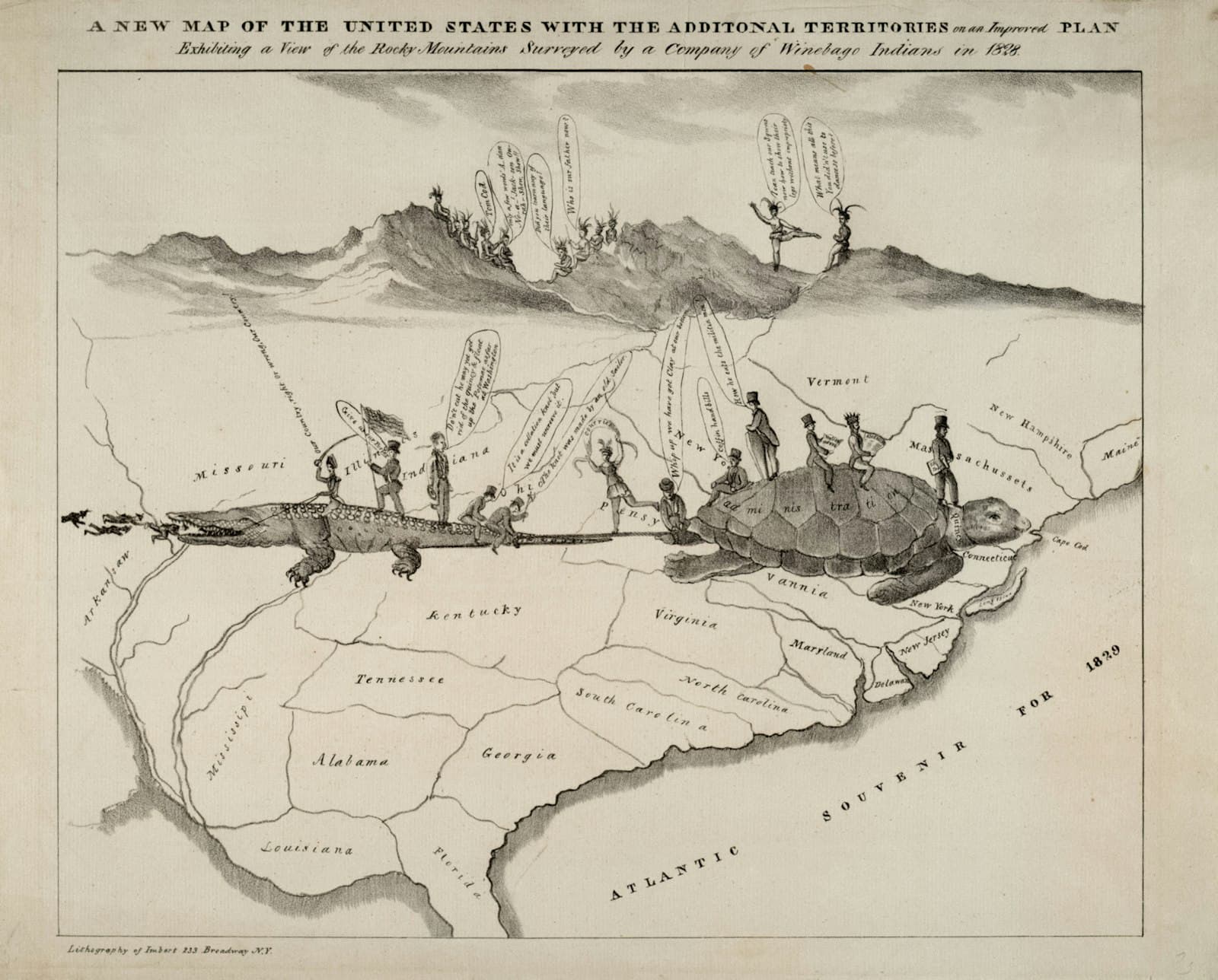 Del Rio — 1856 political cartoon map with crocodile, turtle, and figures.