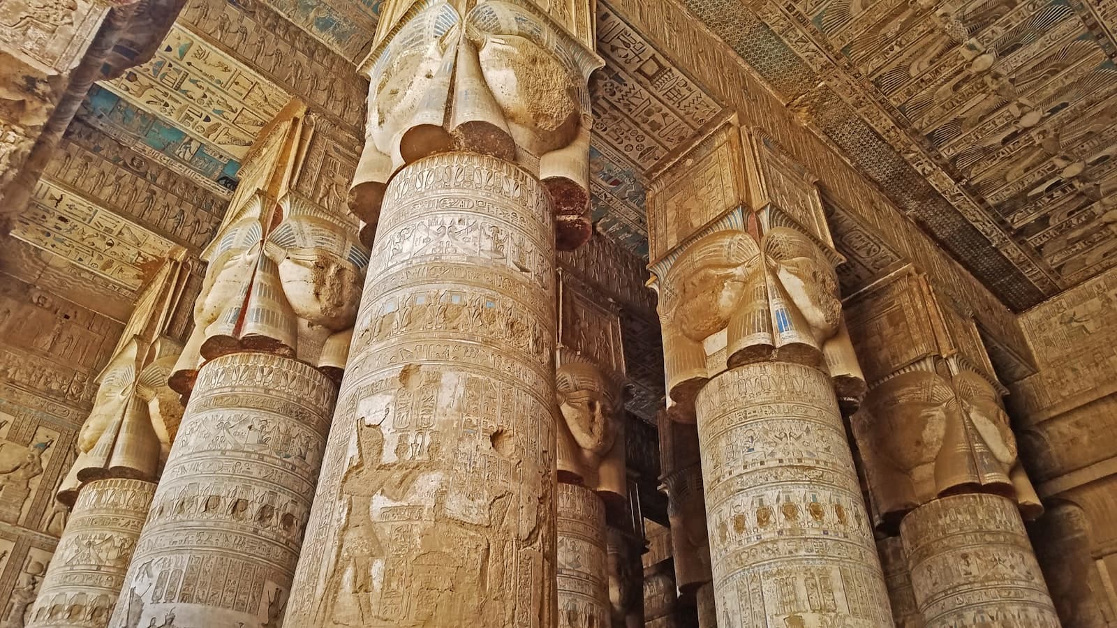 Dendera — The columns of the temple are decorated with egyptian art