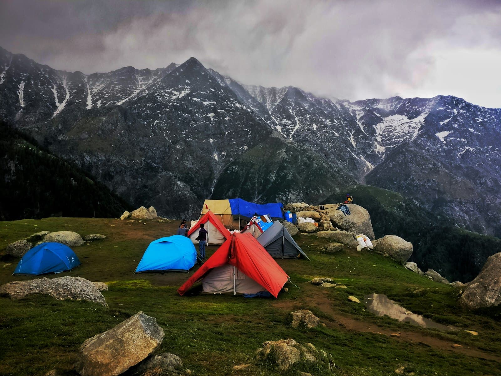 Dharamshala — assorted-color outdoor tents on green grass field near gray mountain under gray sky
