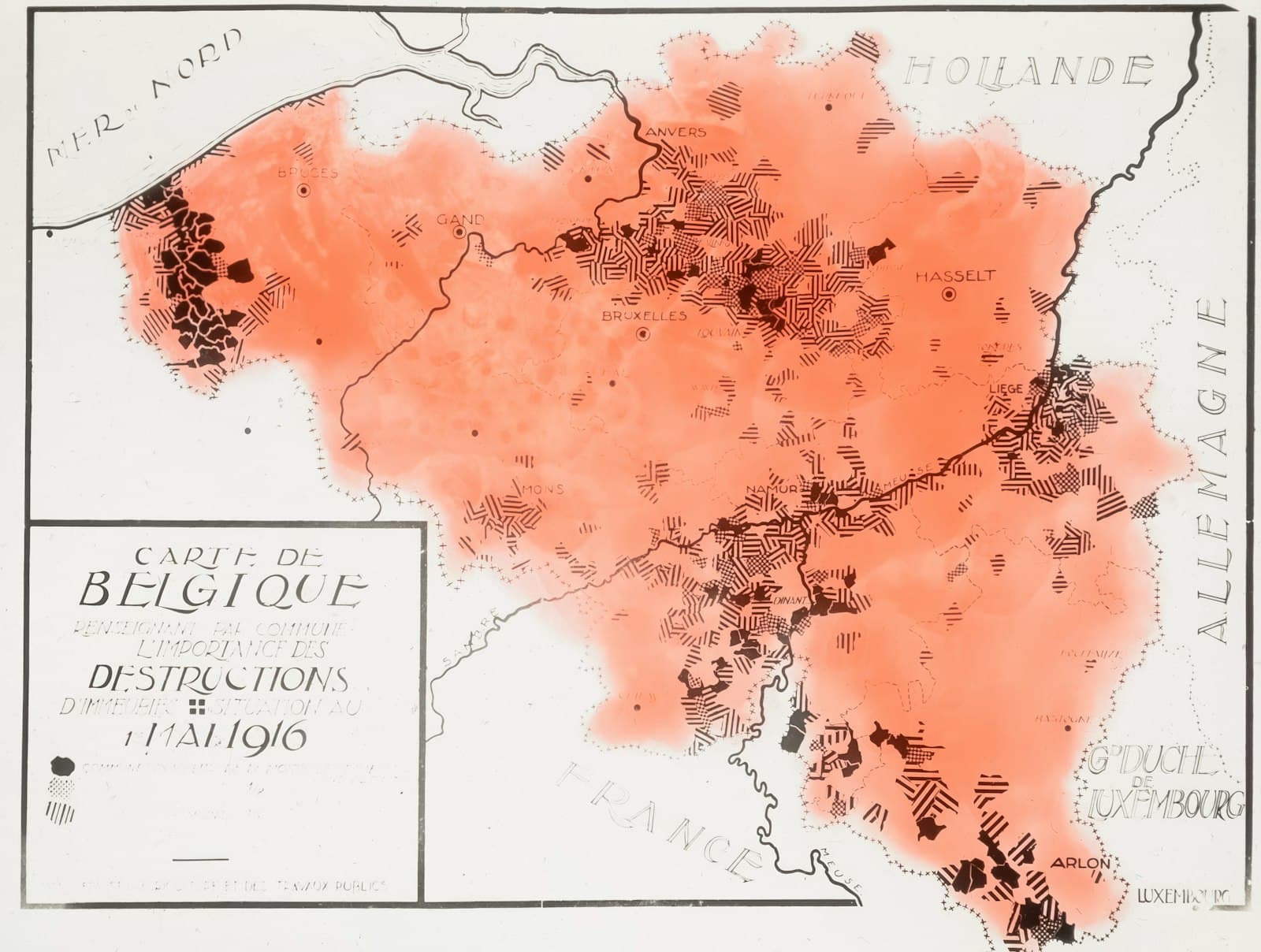 Diest — Map of belgium showing destruction in 1916