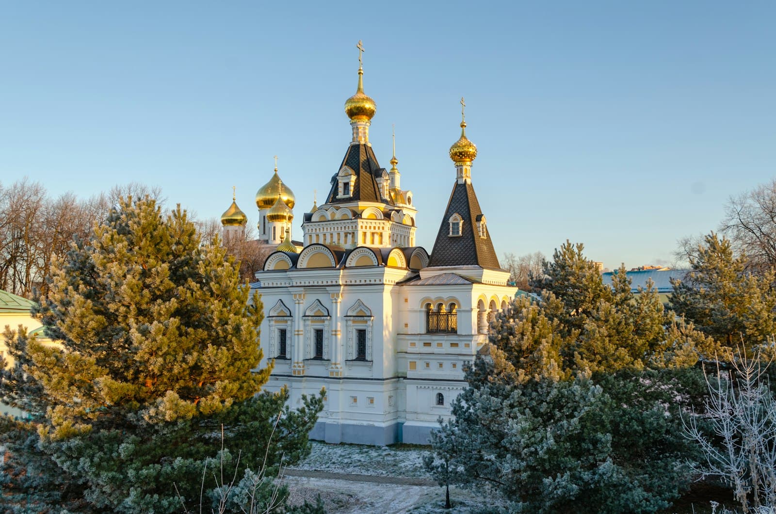 Dmitrov — a large white and gold building surrounded by trees