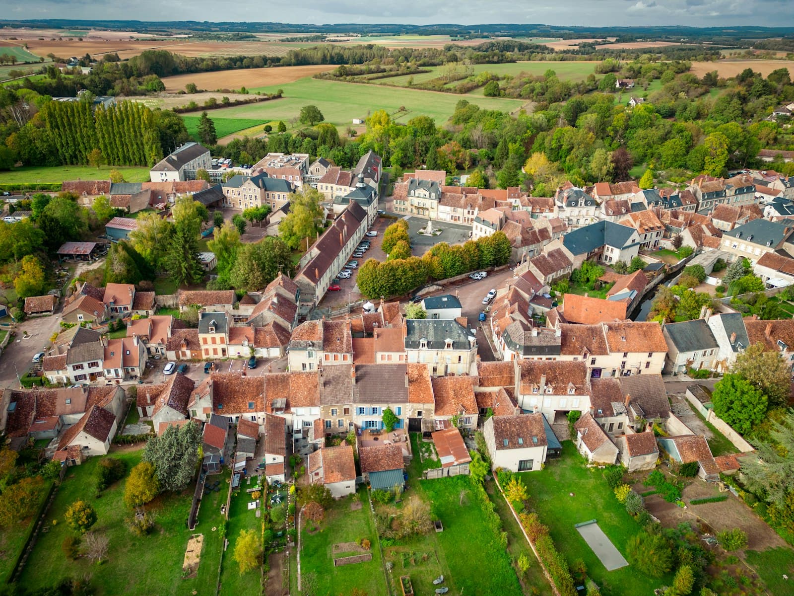 Donzy — an aerial view of a small village in the countryside
