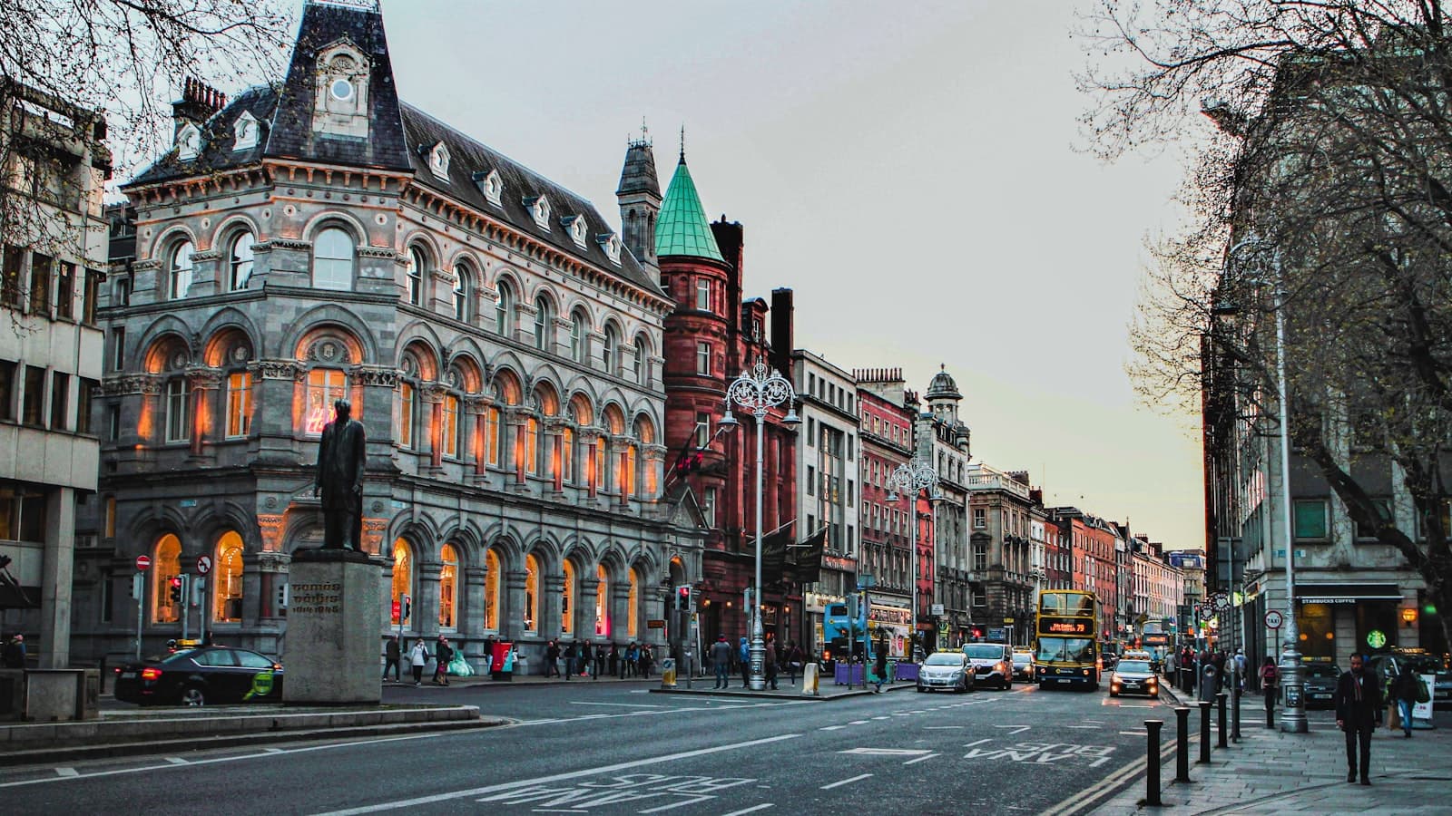 Dublin — a city street with a clock tower in the middle of it