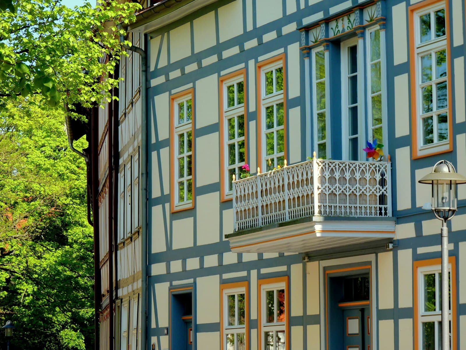 Duderstadt — a blue and white building with windows and a balcony
