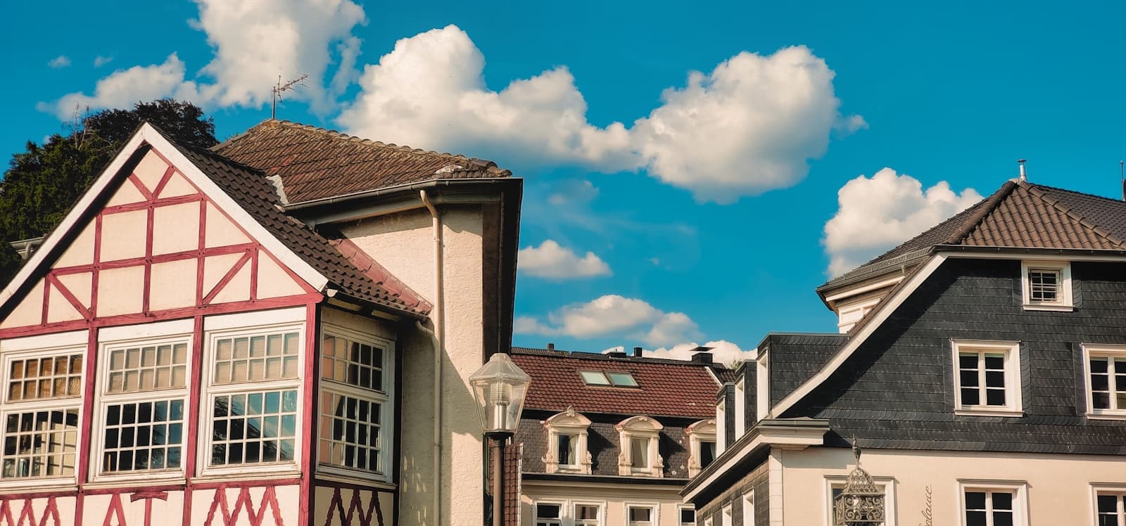 Essen — a row of houses with a blue sky in the background