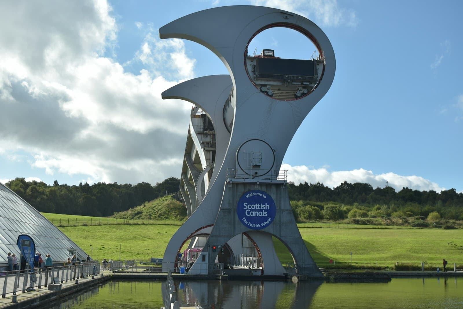 Falkirk — a large white sculpture sitting next to a body of water
