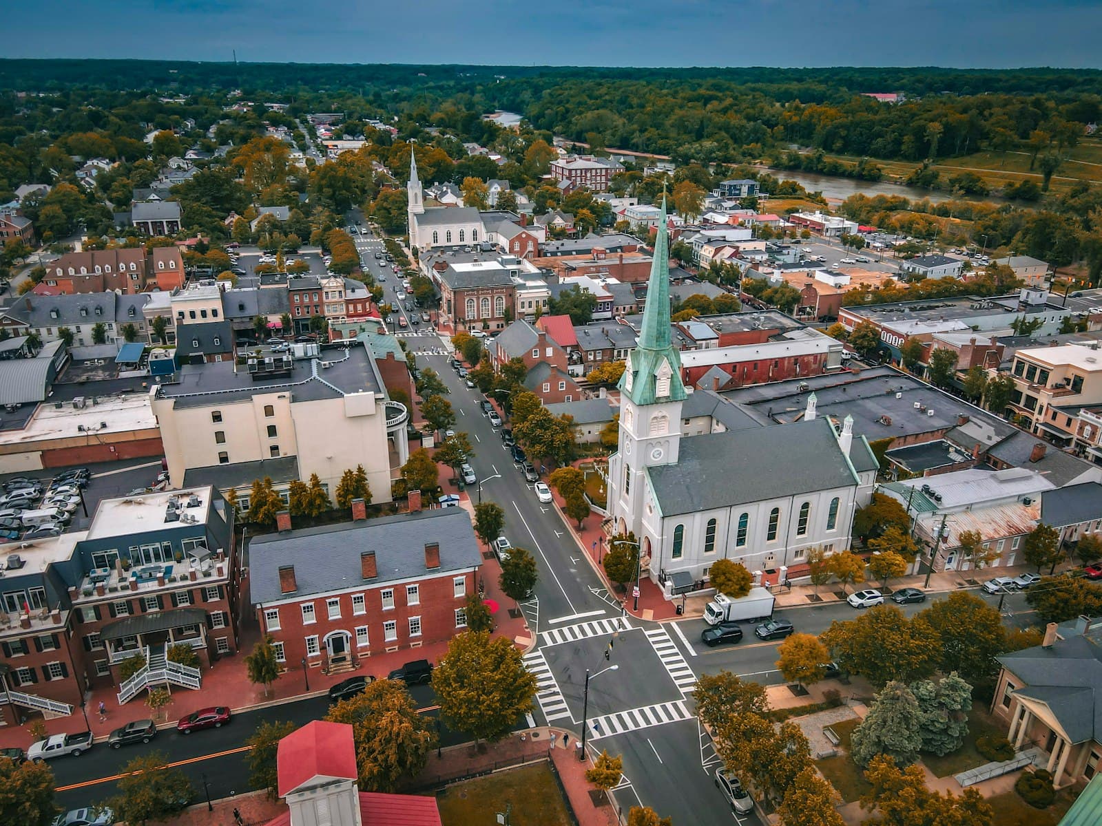 Fredericksburg — an aerial view of a small town with a church