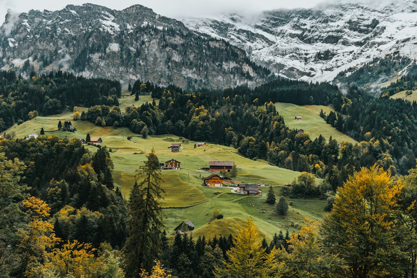 Gstaad — aerial photography of houses on green hill