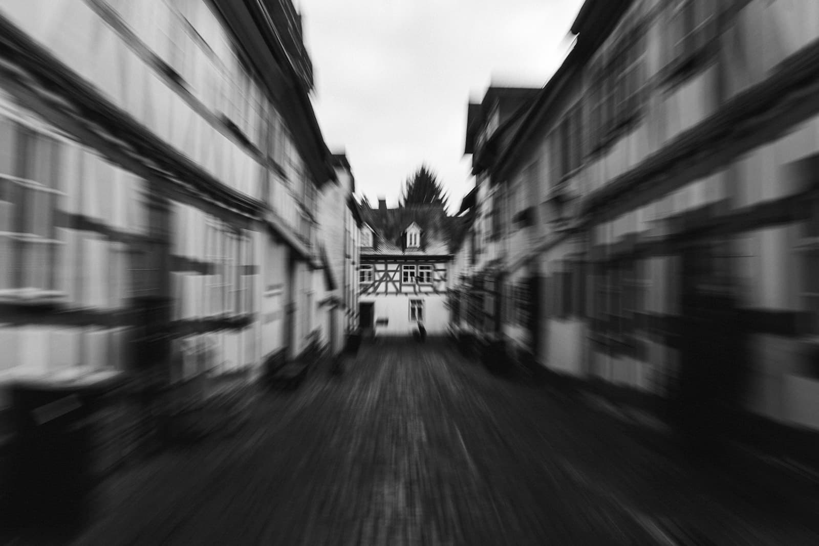 Idstein — Black and white street with buildings and motion blur.