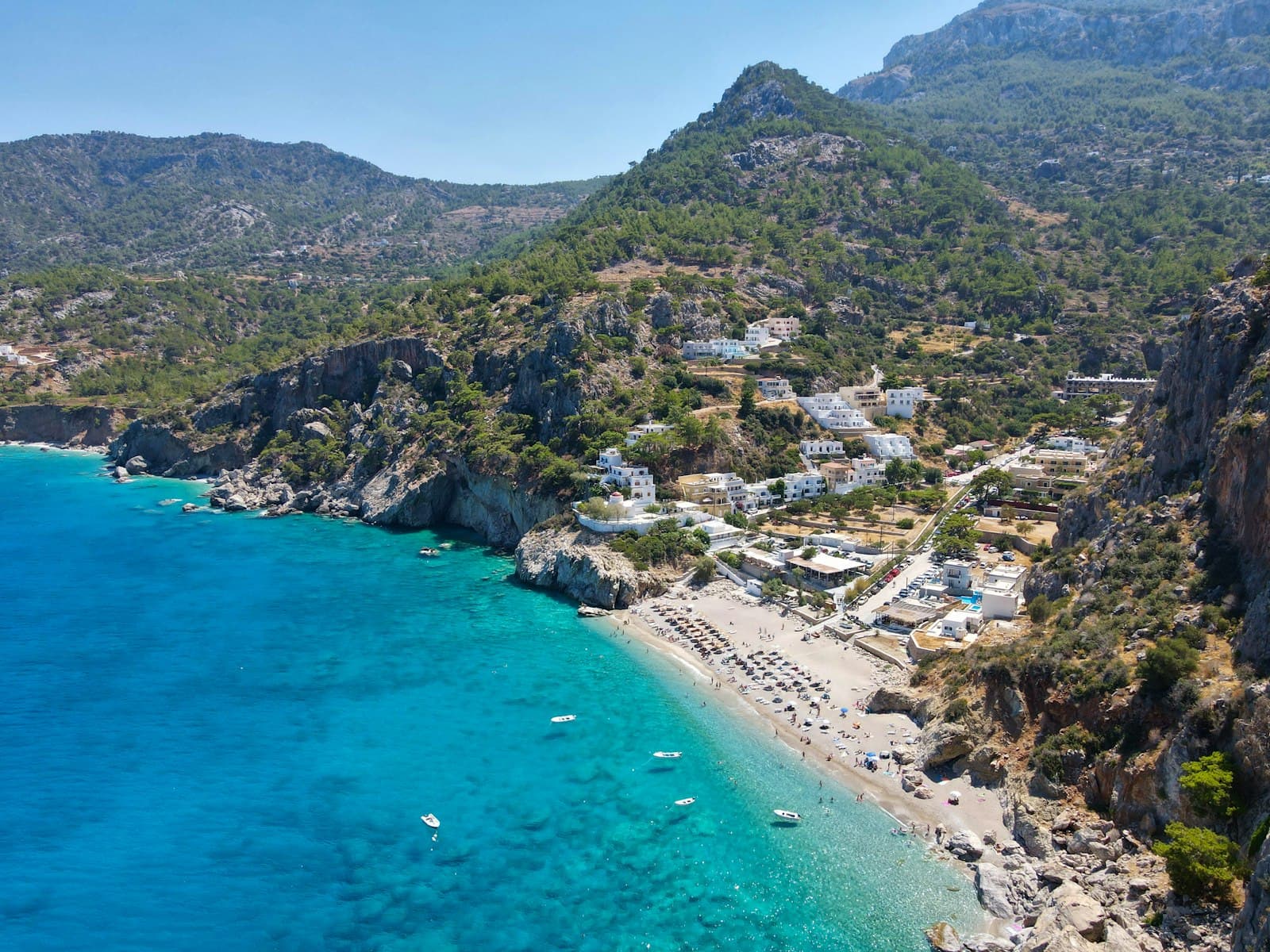 Karpathos — a beach with houses and trees