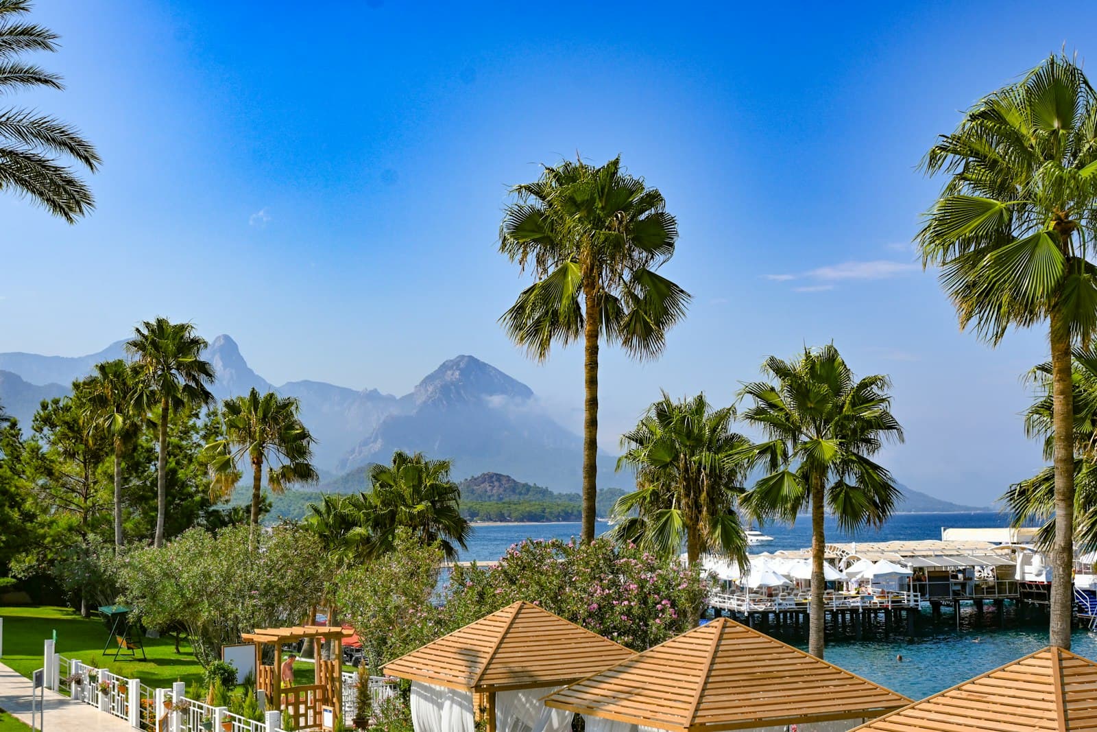 Kemer — a pool with palm trees and a mountain in the background