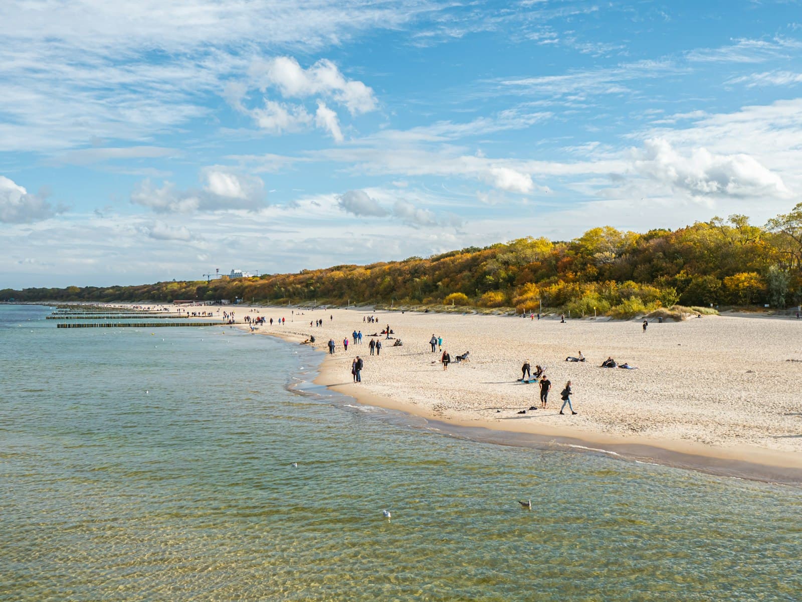 Kołobrzeg — a group of people standing on top of a sandy beach
