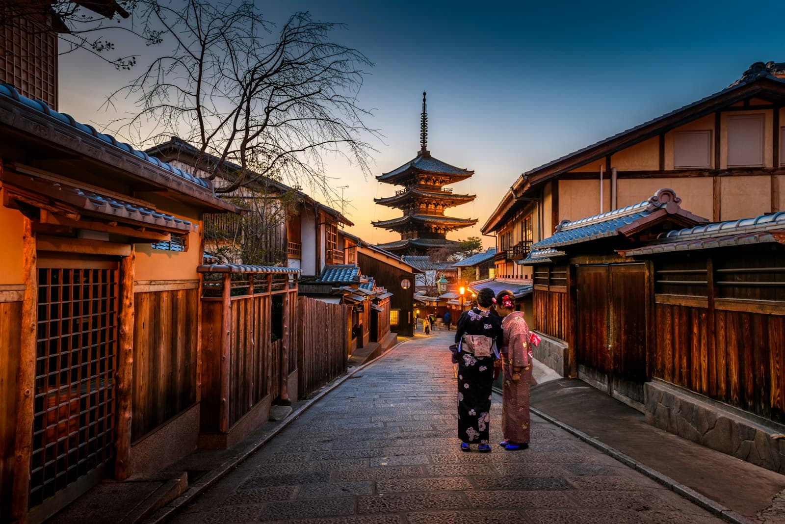 Kyoto — two women in purple and pink kimono standing on street