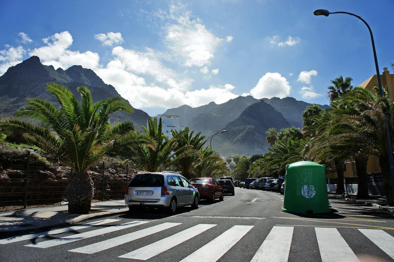 La Laguna — a city street with palm trees and mountains in the background
