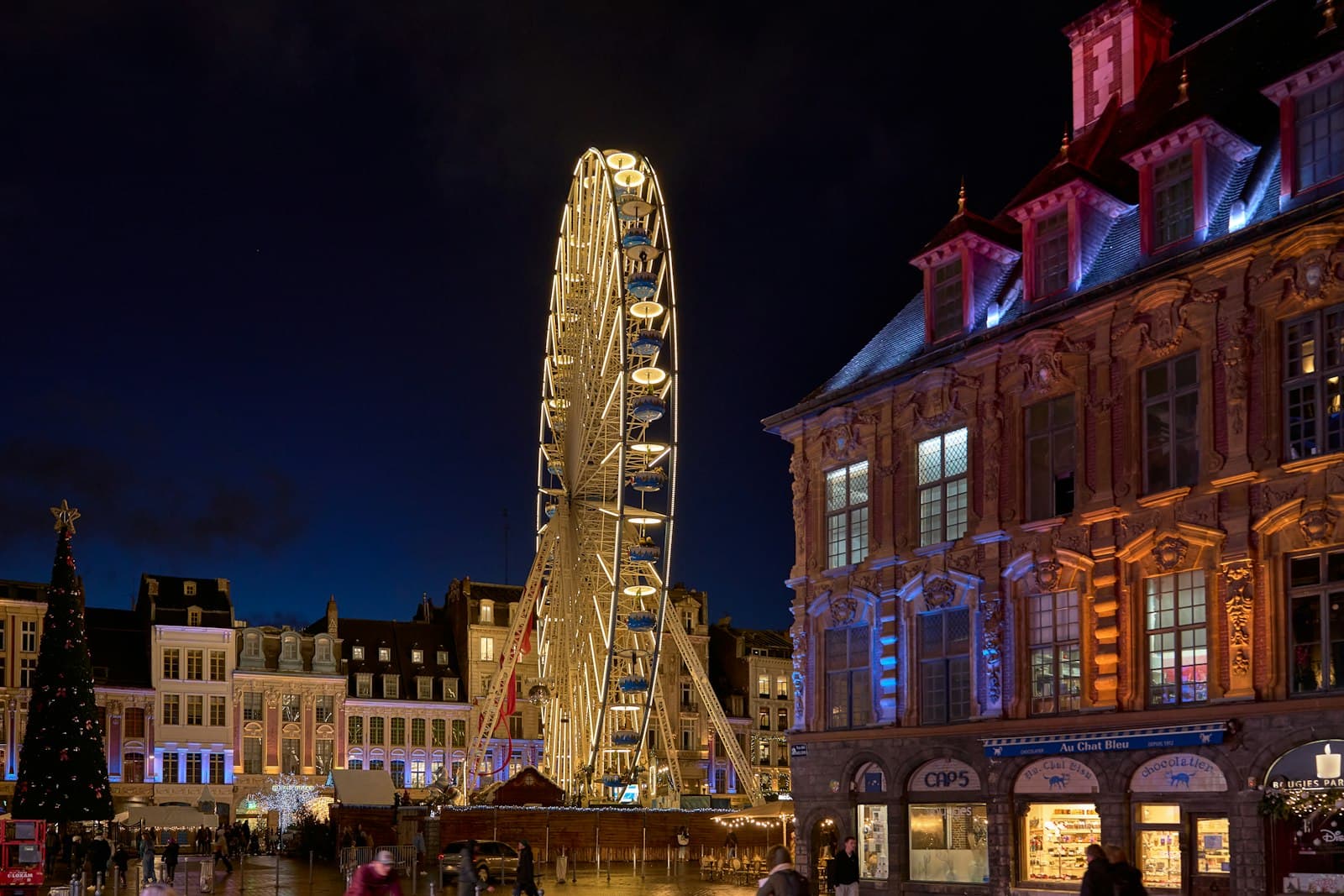 Lille — a ferris wheel lit up at night in a city