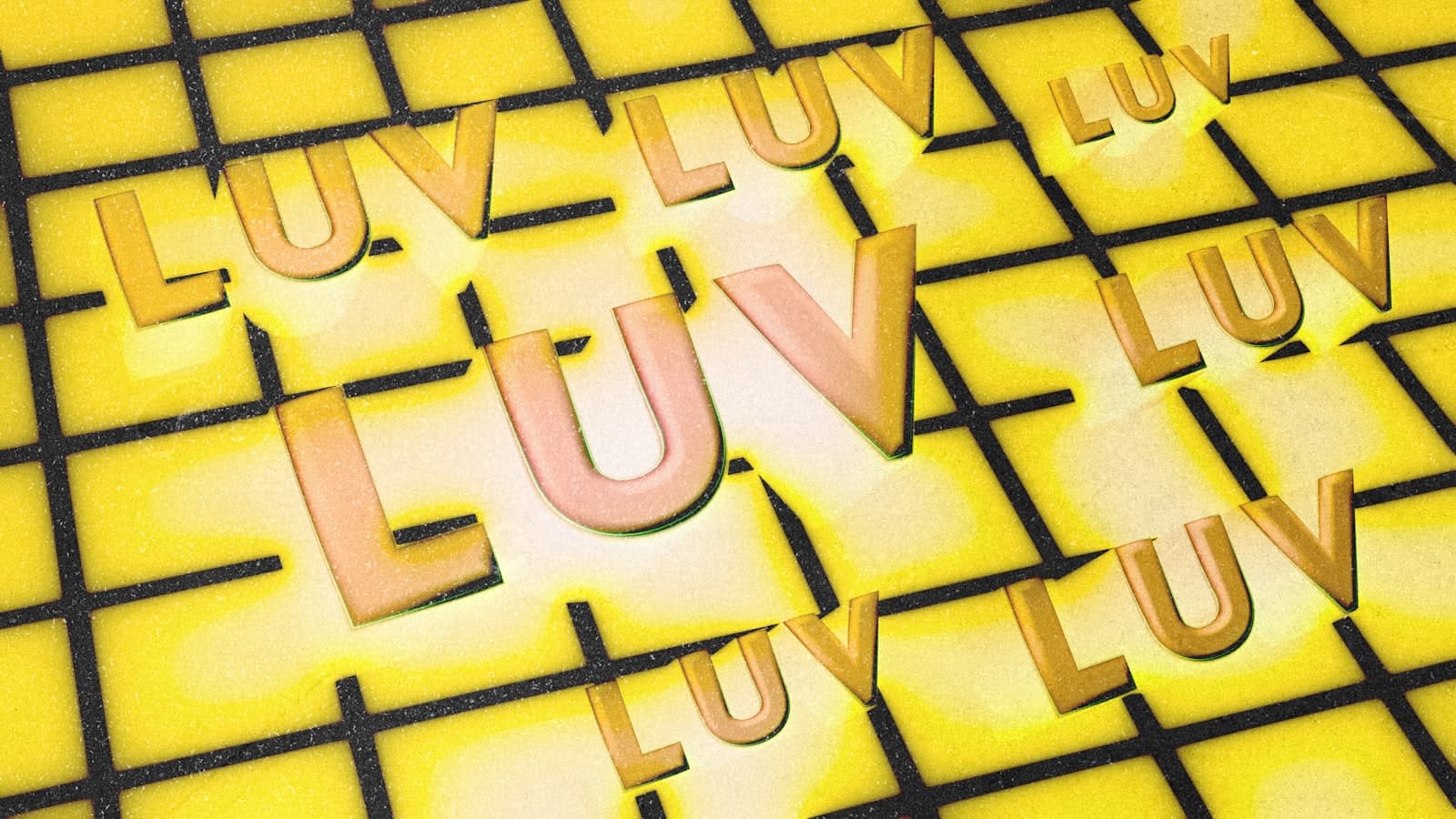 Ludza — Multiple glowing 'luv' words on a yellow grid background.