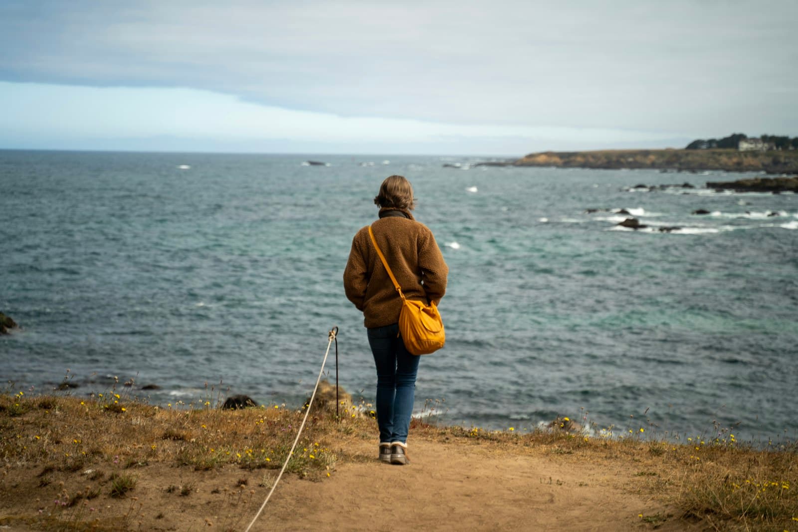 Mendocino — a person walking up a path near the ocean