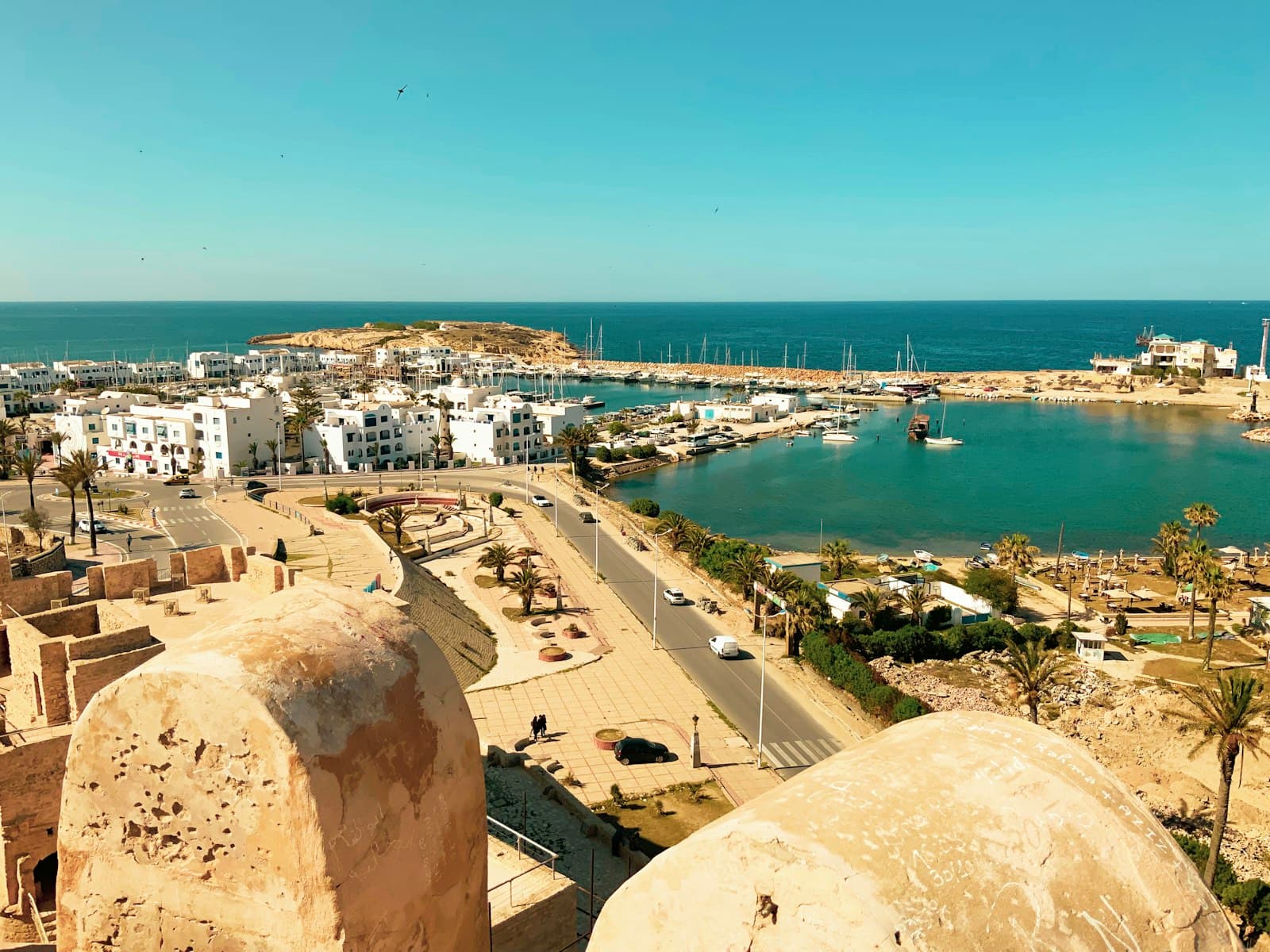 Monastir — an aerial view of a harbor with boats in the water