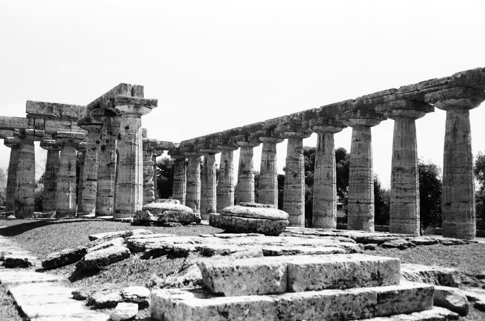Paestum — a black and white photo of ancient ruins
