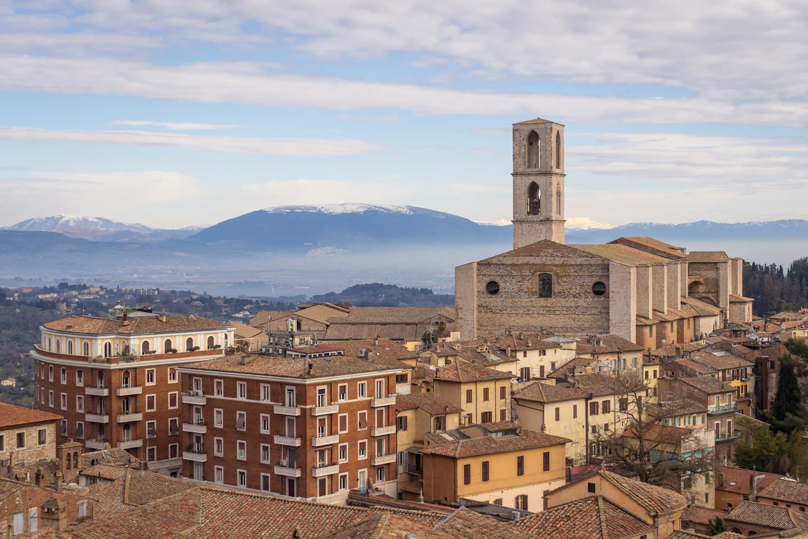 Perugia — a view of a town with a clock tower