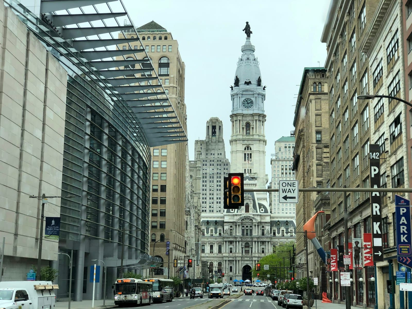 Philadelphia — a traffic light on a city street with tall buildings in the background