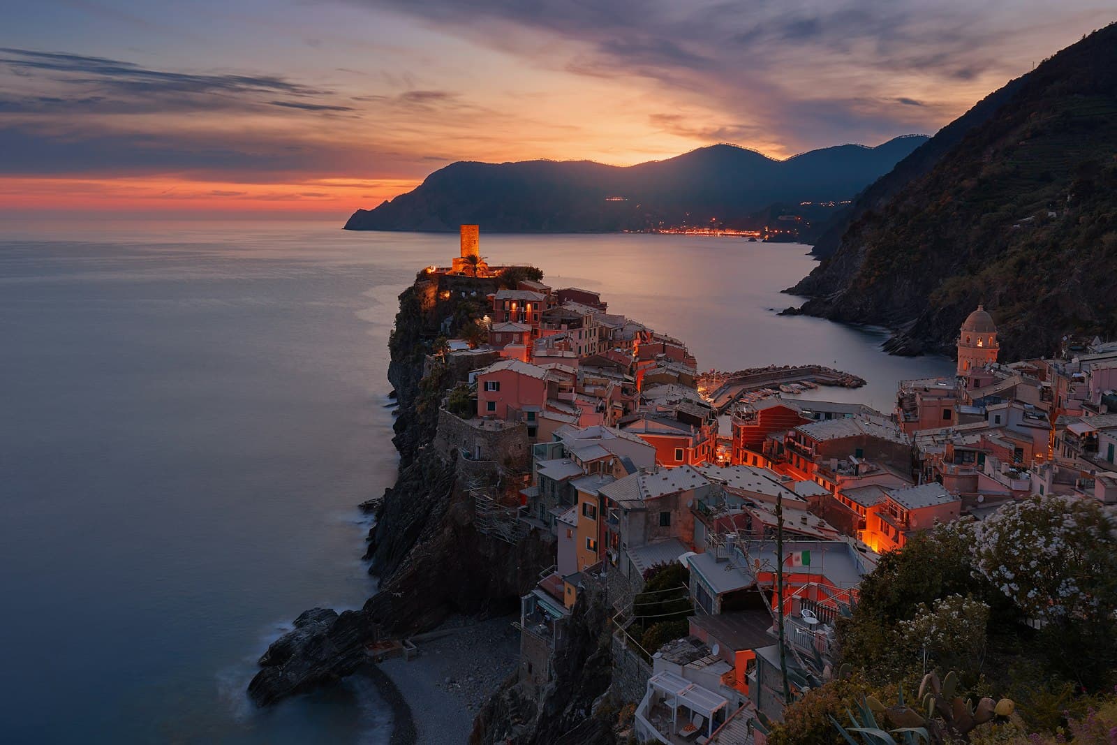 Pietrapertosa — aerial view of village on mountain cliff during orange sunset