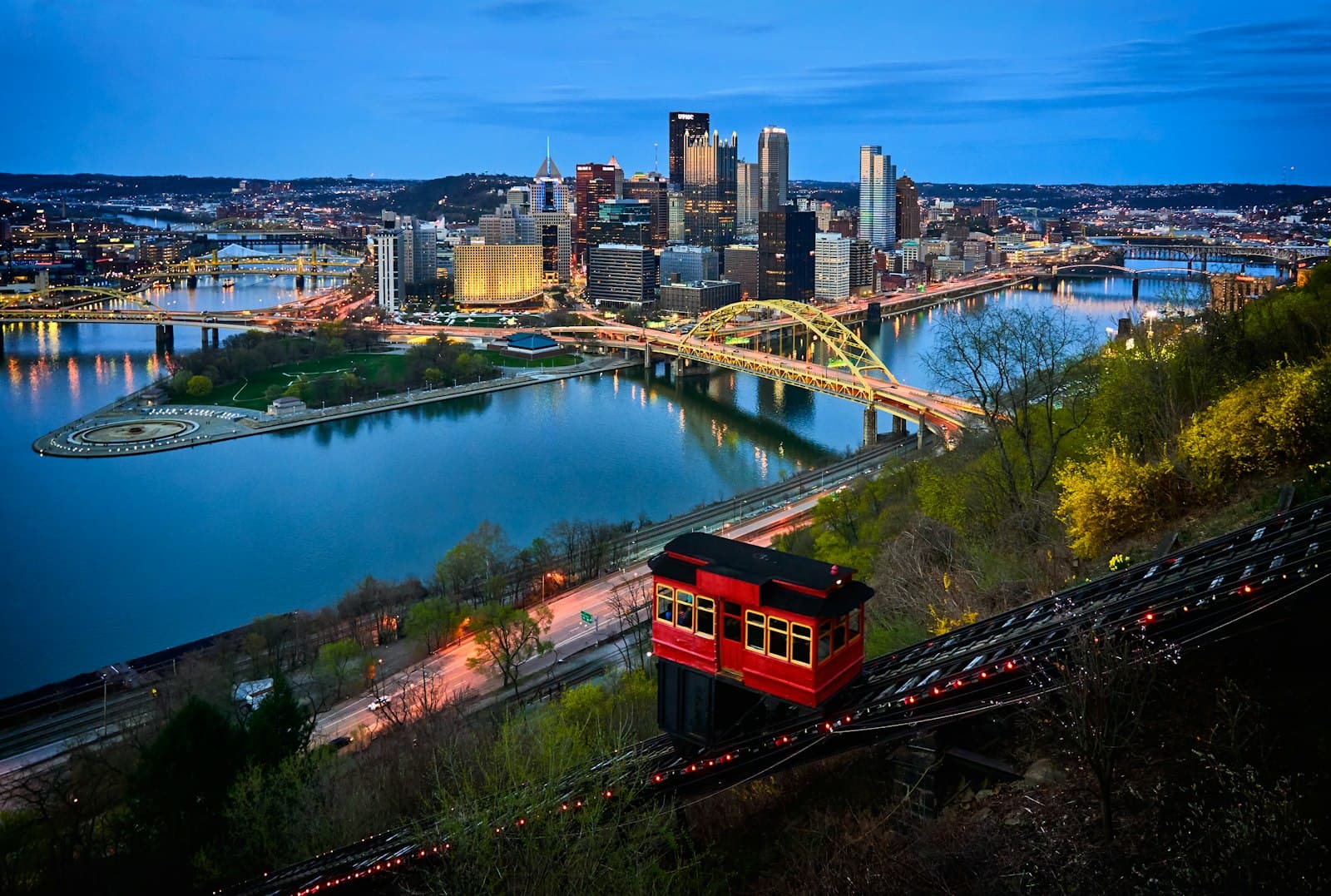 Pittsburgh — aerial photo of bridge and buildings under blue sky