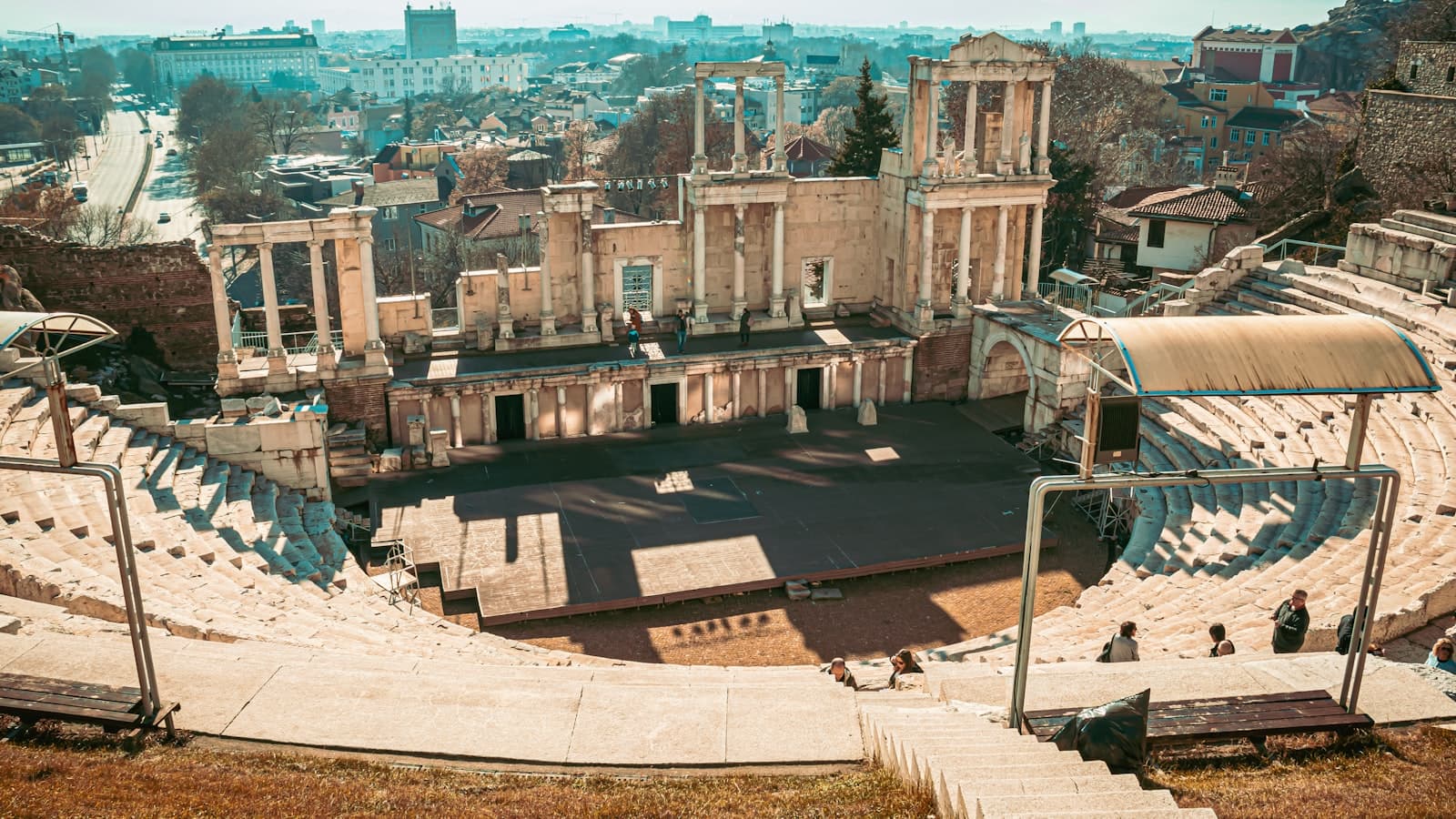 Plovdiv — an aerial view of a large building with stairs leading up to it