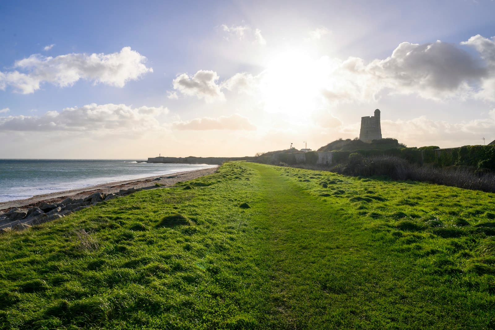 Saint-Vaast-la-Hougue — A grassy field next to a beach with a lighthouse in the distance