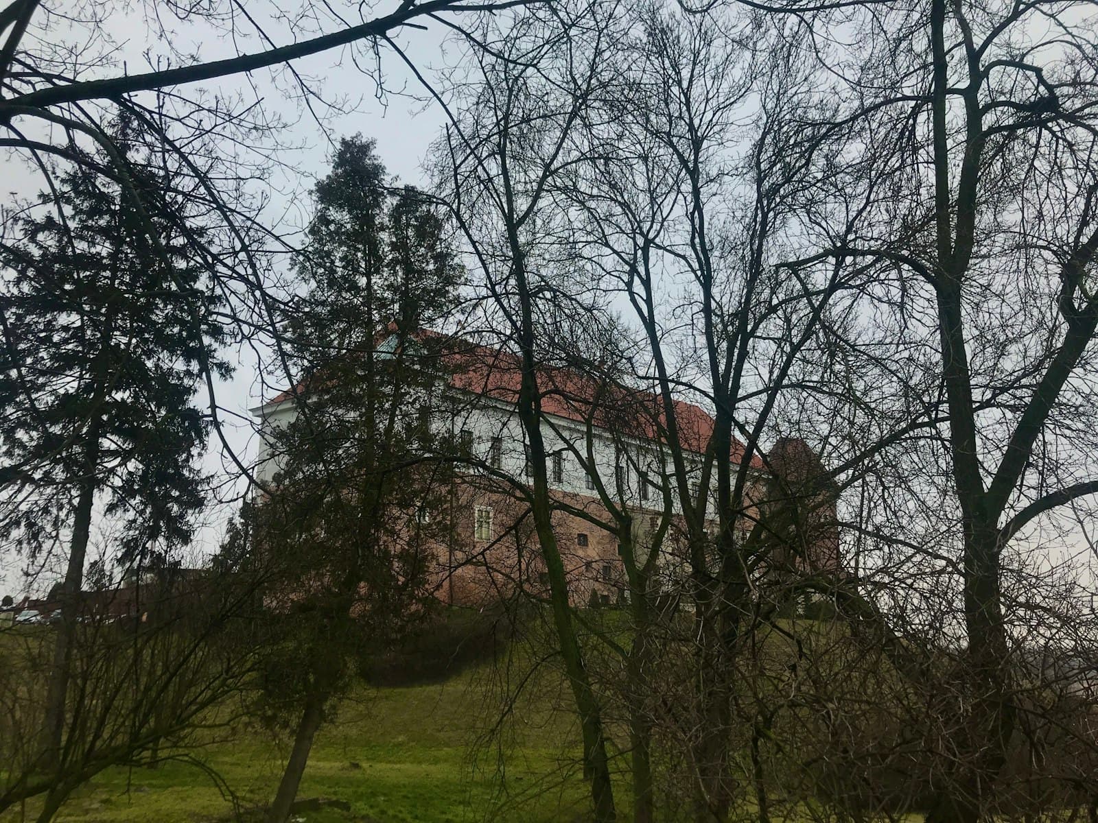 Sandomierz — a large building sitting on top of a lush green hillside