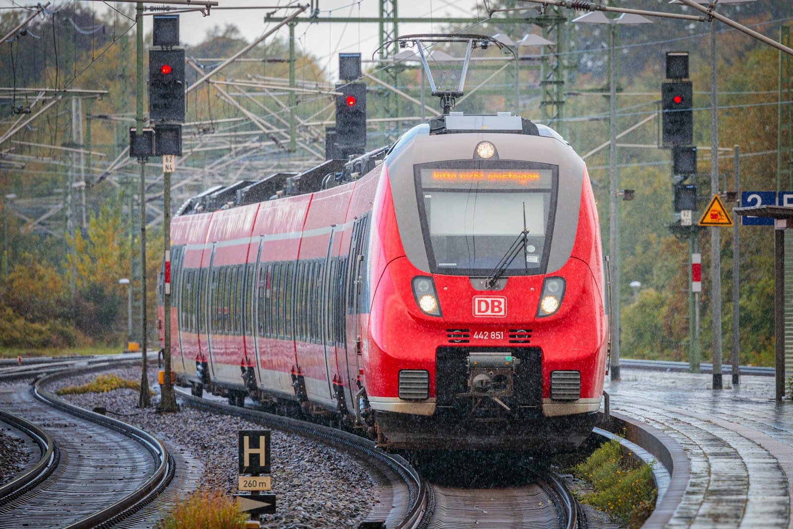 Schwerin — A red train traveling down train tracks next to a forest
