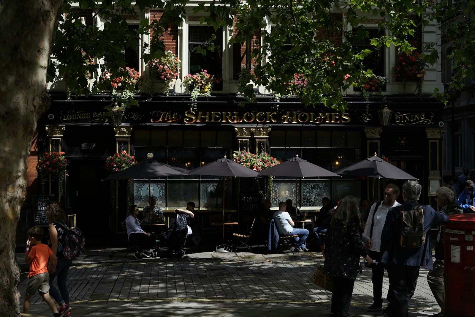 Sherlock Holmes' London — a group of people standing outside of a restaurant