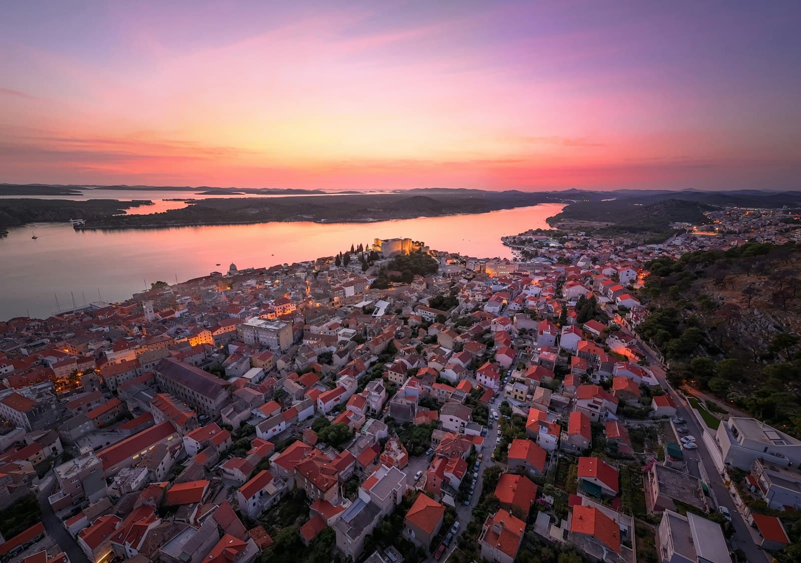 Šibenik — an aerial view of a city at sunset