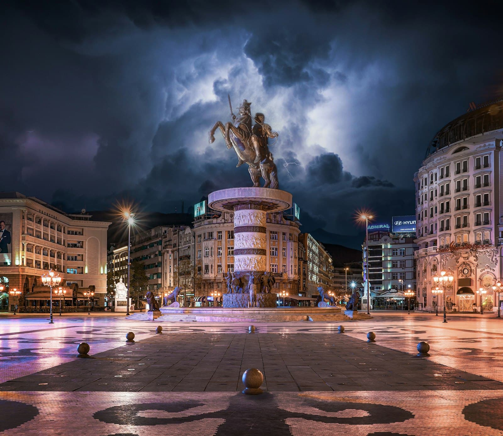 Skopje — a statue of a man riding a horse in a plaza