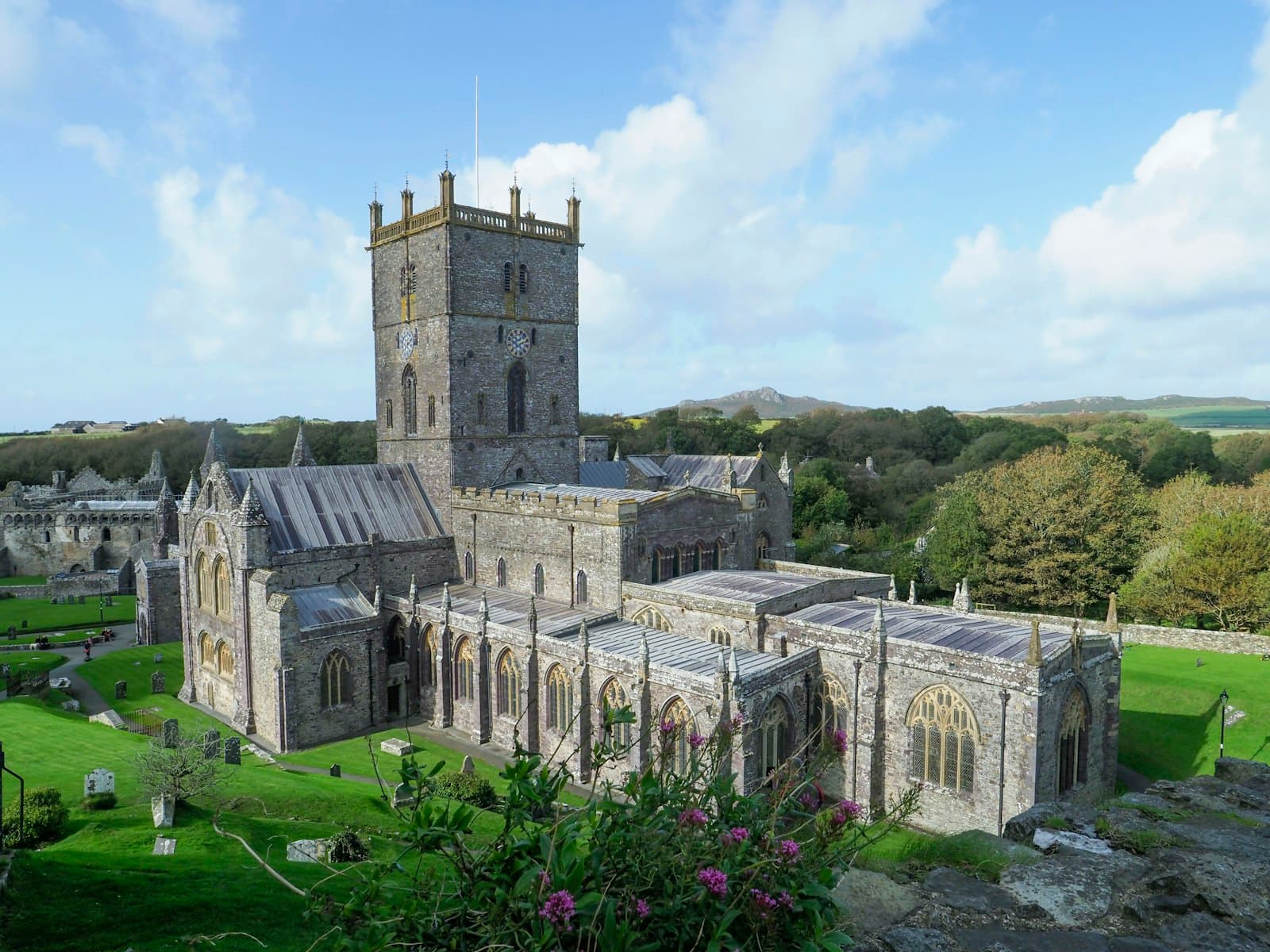 St Davids — a large stone building with a clock tower