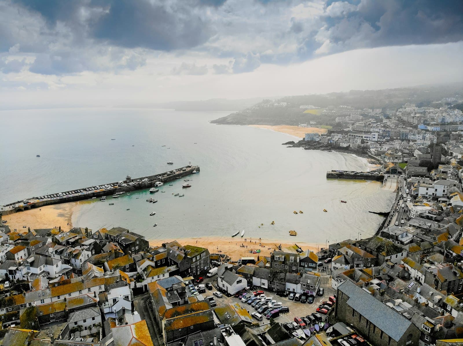 St Ives — an aerial view of a city and the ocean
