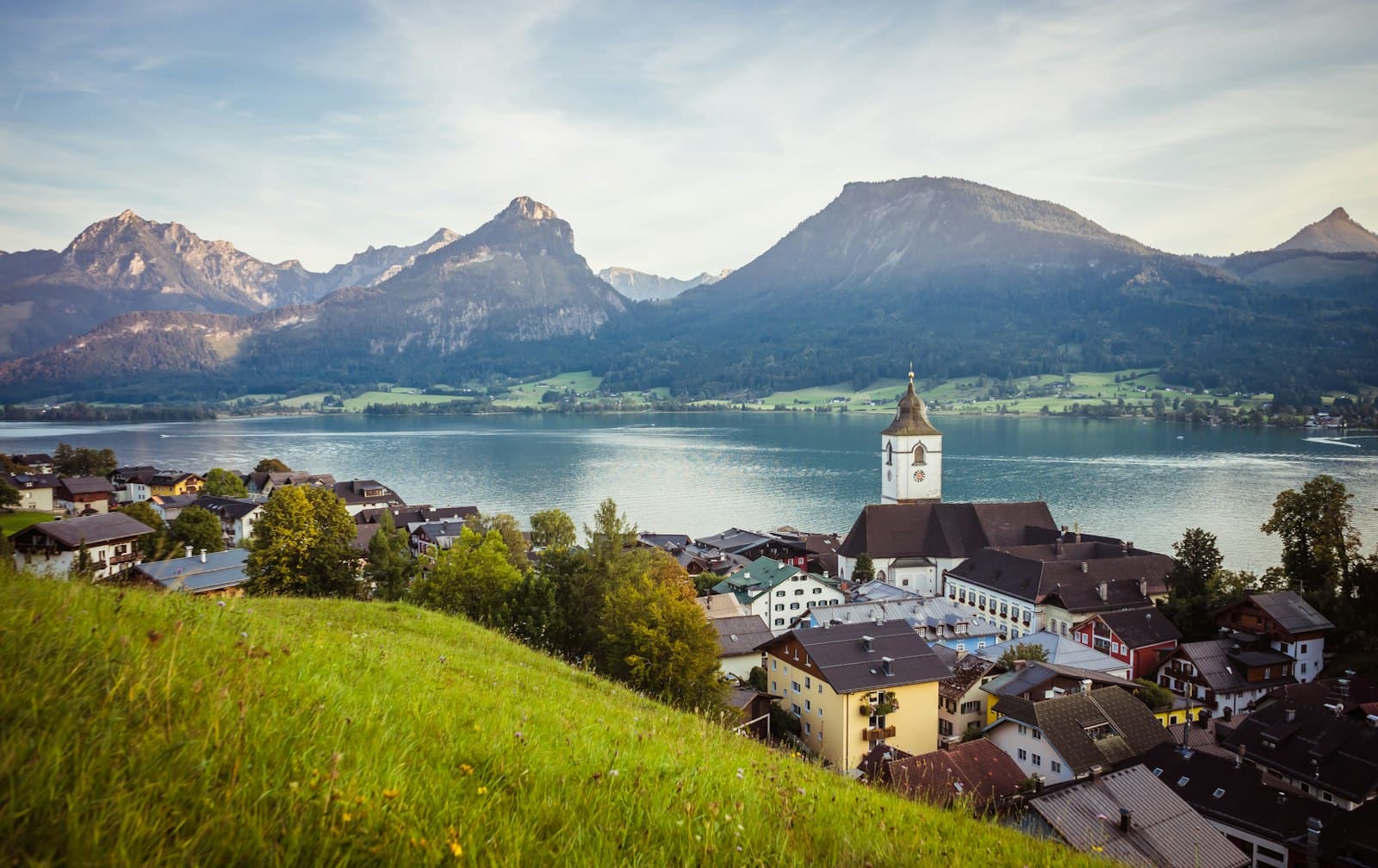 St. Wolfgang — a scenic view of a town with mountains in the background