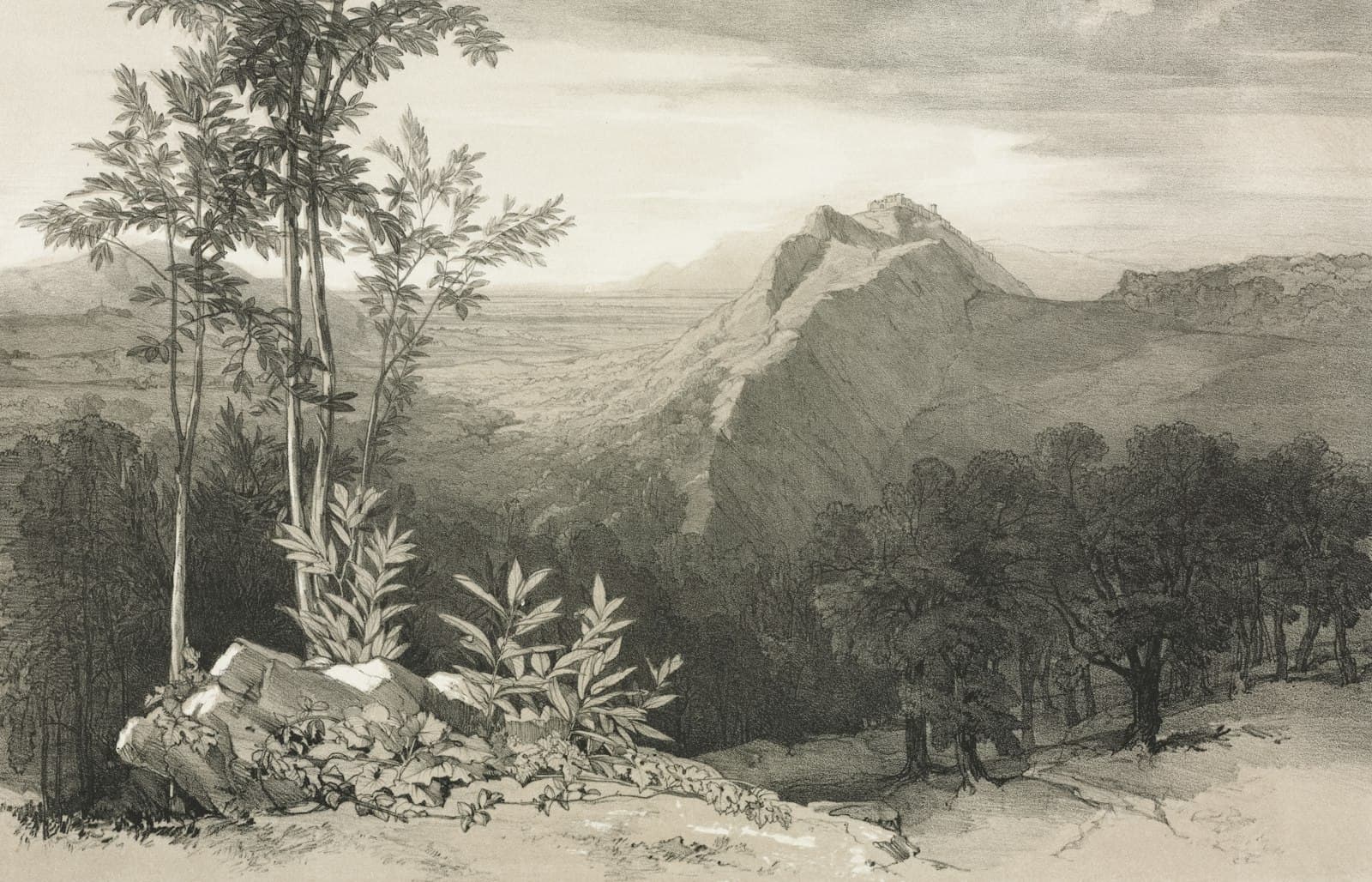 Subiaco — A pencil sketch of a mountainous landscape with trees.